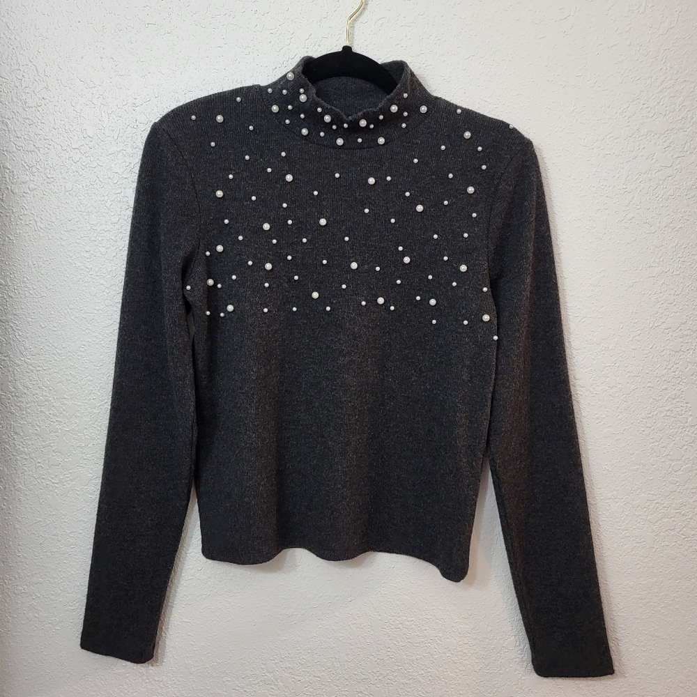 Zara turtle neck pearl embellished beaded black sweater size L